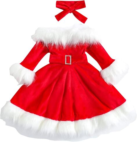 ZINTAOZT-Toddler Girls Christmas Dress Santa Claus Outfit Red Long Sleeve Princess Plush Trim Dress Velvet Xmas Party Dress in Saudi Arabia