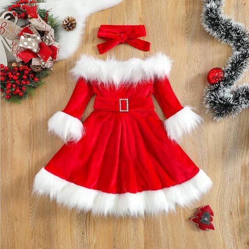 ZINTAOZT-Toddler Girls Christmas Dress Santa Claus Outfit Red Long Sleeve Princess Plush Trim Dress Velvet Xmas Party Dress in Saudi Arabia