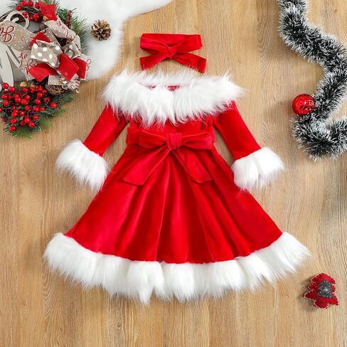 ZINTAOZT-Toddler Girls Christmas Dress Santa Claus Outfit Red Long Sleeve Princess Plush Trim Dress Velvet Xmas Party Dress in Saudi Arabia