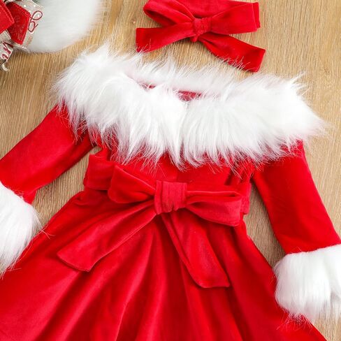 ZINTAOZT-Toddler Girls Christmas Dress Santa Claus Outfit Red Long Sleeve Princess Plush Trim Dress Velvet Xmas Party Dress in Saudi Arabia