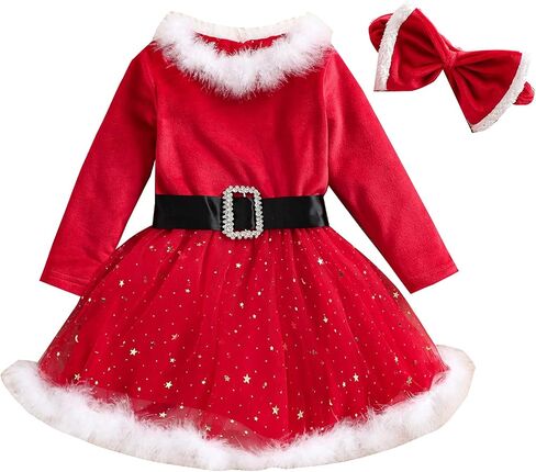 ZINTAOZT-Toddler Girls Christmas Dress Santa Claus Outfit Red Long Sleeve Princess Plush Trim Dress Velvet Xmas Party Dress in Saudi Arabia