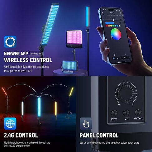 NEEWER Photography RGB Light Stick Kit, 2 Pack LED Video Tube Lights w/Stands, Diffusers, 3250Lux Dimmable Light Wand 2500-10000K CRI95+/TLCI97+ APP/2.4G/Panel Control for Live/Videos/Vlog, BH20C in Kuwait