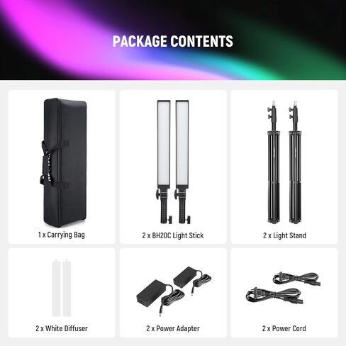 NEEWER Photography RGB Light Stick Kit, 2 Pack LED Video Tube Lights w/Stands, Diffusers, 3250Lux Dimmable Light Wand 2500-10000K CRI95+/TLCI97+ APP/2.4G/Panel Control for Live/Videos/Vlog, BH20C in Kuwait