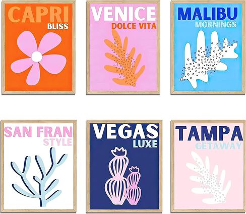 HOSUM ART Preppy ديكور غرفة الجمالية الساخنة السفر قماش جدار الفن للفتيات في سن المراهقة غرفة نوم الوردي كلية غرفة النوم ملصقات ديكور الحائط العصرية - مجموعة من 6 8x10in (غير مؤطرة) in Kuwait