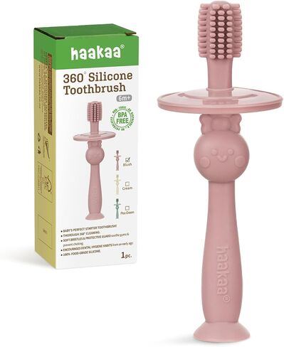 haakaa 360° Baby Toothbrush with Suction Base - Gentle Cleaning for Infant Self-Brushing Training, Food-Grade Silicone, Adjustable Safety Shield - Blush (1 Piece) in Saudi Arabia