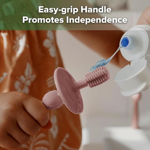 haakaa 360° Baby Toothbrush with Suction Base - Gentle Cleaning for Infant Self-Brushing Training, Food-Grade Silicone, Adjustable Safety Shield - Blush (1 Piece) in Saudi Arabia