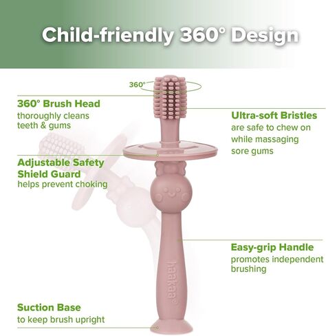 haakaa 360° Baby Toothbrush with Suction Base - Gentle Cleaning for Infant Self-Brushing Training, Food-Grade Silicone, Adjustable Safety Shield - Blush (1 Piece) in Saudi Arabia