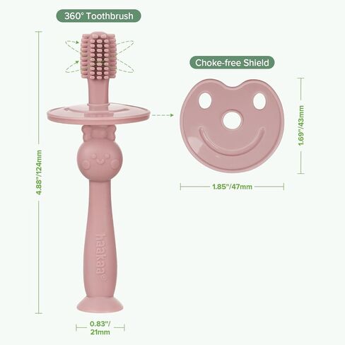 haakaa 360° Baby Toothbrush with Suction Base - Gentle Cleaning for Infant Self-Brushing Training, Food-Grade Silicone, Adjustable Safety Shield - Blush (1 Piece) in Saudi Arabia
