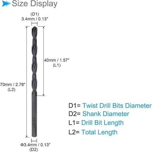 6542 High Speed Steel Twist Drill Bits, 3.4mm Diameter 70mm Length, Black Oxide Straight Twist Jobber Drill Bit - (Applications: for Metal Woodwork Plastic Aluminum), 5-Pieces in Saudi Arabia