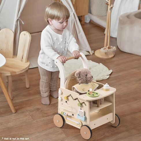 ROBOTIME Wooden Baby Walker, Baby Push Walker, Baby Activity Center Toys - Toddler Walking Activity Center Push Toys with Safety Brake, Baby Walker for Motor Skills (Rattan Doll Walker) in Saudi Arabia