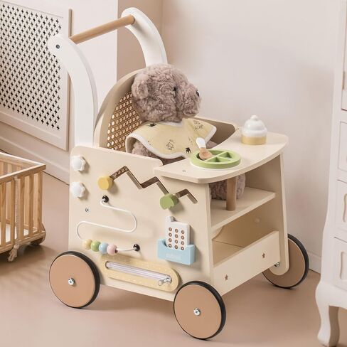 ROBOTIME Wooden Baby Walker, Baby Push Walker, Baby Activity Center Toys - Toddler Walking Activity Center Push Toys with Safety Brake, Baby Walker for Motor Skills (Rattan Doll Walker) in Saudi Arabia