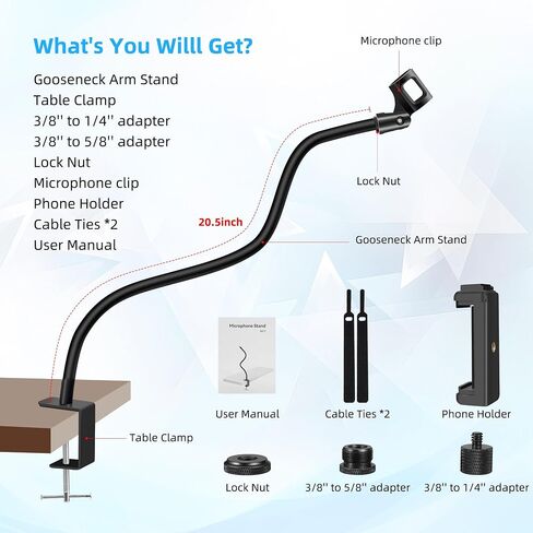 Gooseneck Mic Stand Podium Long 20.5'' Sturdy Adjustable Mic Stand Desk Microphone Holder Clip On Mic Holder Flexible Mike Stand Clamp Compact Mic Arm for Table Top Mount Traveling- White in Saudi Arabia