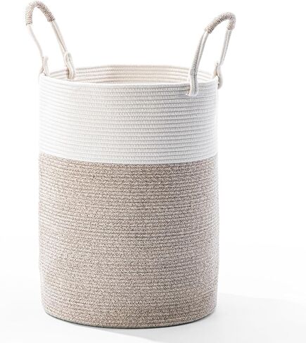 Laundry Basket – Laundry Hamper for Clothes, Blankets, Yoga Mat – Woven Cotton Rope Basket for Living Room, Nursery Room – Boho Style –15"D x 18"H – White & Beige Brown in Saudi Arabia