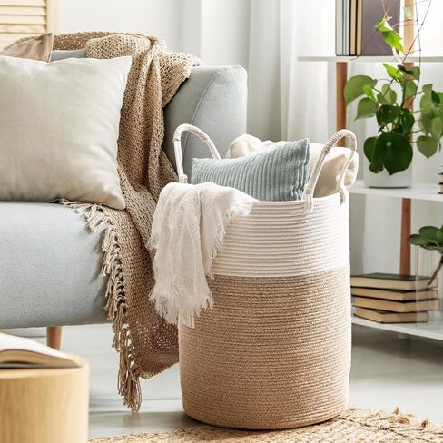 Laundry Basket – Laundry Hamper for Clothes, Blankets, Yoga Mat – Woven Cotton Rope Basket for Living Room, Nursery Room – Boho Style –15"D x 18"H – White & Beige Brown in Saudi Arabia