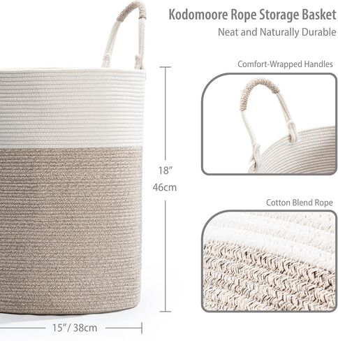 Laundry Basket – Laundry Hamper for Clothes, Blankets, Yoga Mat – Woven Cotton Rope Basket for Living Room, Nursery Room – Boho Style –15"D x 18"H – White & Beige Brown in Saudi Arabia