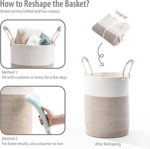Laundry Basket – Laundry Hamper for Clothes, Blankets, Yoga Mat – Woven Cotton Rope Basket for Living Room, Nursery Room – Boho Style –15"D x 18"H – White & Beige Brown in Saudi Arabia