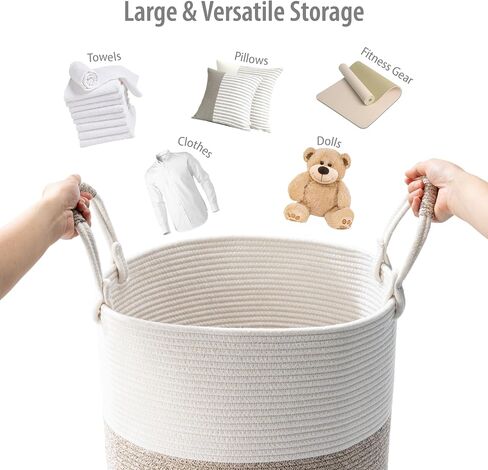 Laundry Basket – Laundry Hamper for Clothes, Blankets, Yoga Mat – Woven Cotton Rope Basket for Living Room, Nursery Room – Boho Style –15"D x 18"H – White & Beige Brown in Saudi Arabia