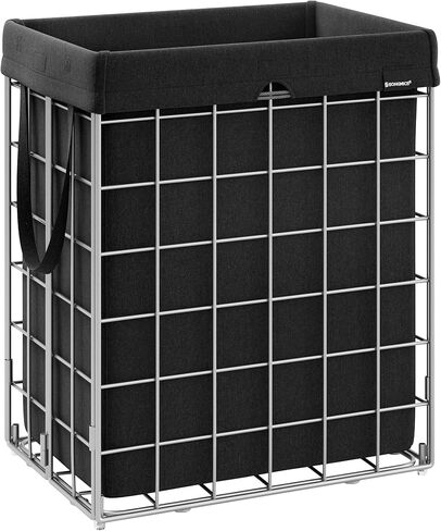 SONGMICS Laundry Hamper, 23.8 Gal. (90L) Laundry Basket, Collapsible Clothes Hamper, Removable and Washable Liner, Metal Wire Frame, for Bedroom Bathroom, Silver and Classic Black ULCB190B01 in Saudi Arabia
