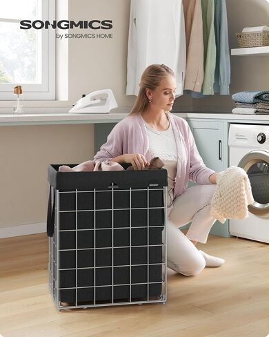SONGMICS Laundry Hamper, 23.8 Gal. (90L) Laundry Basket, Collapsible Clothes Hamper, Removable and Washable Liner, Metal Wire Frame, for Bedroom Bathroom, Silver and Classic Black ULCB190B01 in Saudi Arabia