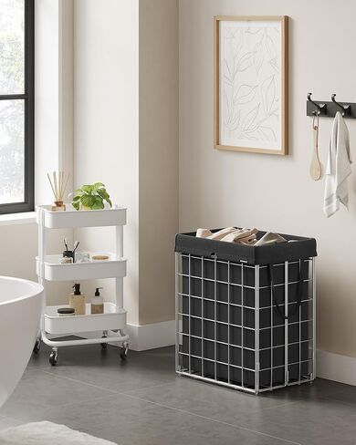 SONGMICS Laundry Hamper, 23.8 Gal. (90L) Laundry Basket, Collapsible Clothes Hamper, Removable and Washable Liner, Metal Wire Frame, for Bedroom Bathroom, Silver and Classic Black ULCB190B01 in Saudi Arabia