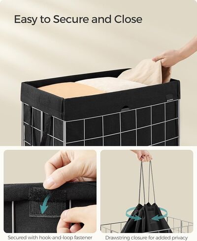 SONGMICS Laundry Hamper, 23.8 Gal. (90L) Laundry Basket, Collapsible Clothes Hamper, Removable and Washable Liner, Metal Wire Frame, for Bedroom Bathroom, Silver and Classic Black ULCB190B01 in Saudi Arabia