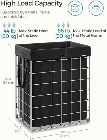 SONGMICS Laundry Hamper, 23.8 Gal. (90L) Laundry Basket, Collapsible Clothes Hamper, Removable and Washable Liner, Metal Wire Frame, for Bedroom Bathroom, Silver and Classic Black ULCB190B01 in Saudi Arabia