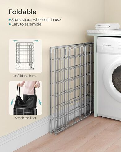 SONGMICS Laundry Hamper, 23.8 Gal. (90L) Laundry Basket, Collapsible Clothes Hamper, Removable and Washable Liner, Metal Wire Frame, for Bedroom Bathroom, Silver and Classic Black ULCB190B01 in Saudi Arabia