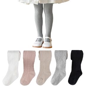 Meeshine 5 Pack Baby Toddler Girls Cable Knit Cotton Tights Winter Warm Seamless Footed Leggings Stocking Pantyhose for Kids
