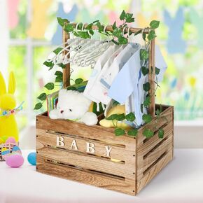 Wooden Baby Basket , Baby Crate Closet with Handle, Creative Baby Basket, Storage Crate Hamper Easy Assembly, Wooden Crate Box Gift with Partition Board , New Parent Gift（Wood