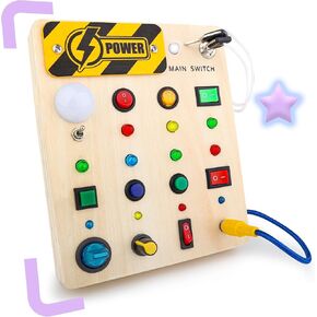 Montessori Busy Board Switch - Montessori Toy Busy Board for 3+ Year Old with 13 Led Light, Wooden Travel Sensory Busy Board for 3 4 5