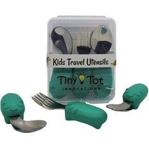 Kids Travel Utensil Set with Case. Include Fork, Universal Spoon, & Ergonomic Right Handed Spoon. Easy grip handles, 304 stainless utensils, feet to keep the utensils off surfaces.