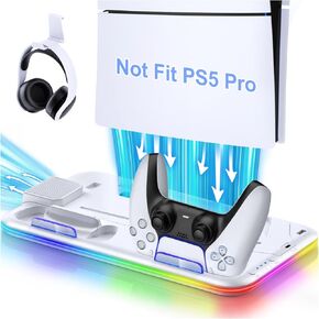 حامل PS5، محطة تبريد PS5 مع محطة شحن وحدة التحكم لوحدة التحكم الرقمية ذات القرص النحيف PS5/PS5، مروحة تبريد الملحقات النحيفة PS5/PS5، RGB، حامل سماعة الرأس، 15 فتحة ألعاب للبلاي ستيشن 5