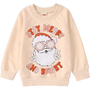 Ritatte Toddler Girls Christmas Sweatshirt Stay Merry And Bright Santa Claus Crewneck Pullover Top Kids Xmas Winter Clothes