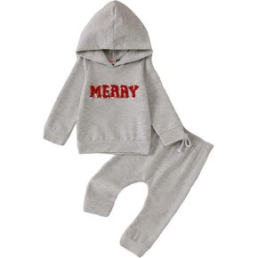 MODNTOGA Baby Boy Christmas Outfit Merry Sweatshirt Long Sleeve Hoodie Tops Solid Pants Set Infant Girl Fall Winter Sweatsuit