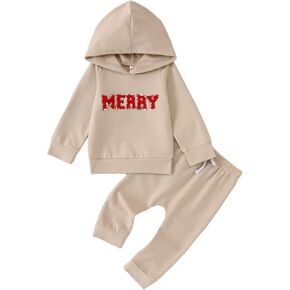 MODNTOGA Baby Boy Christmas Outfit Merry Sweatshirt Long Sleeve Hoodie Tops Solid Pants Set Infant Girl Fall Winter Sweatsuit