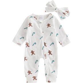 Baby Girls Christmas Outfits Long Sleeve Ruffle Trim Jumpsuit Zipper Romper Bodysuit Fall Winter Clothes