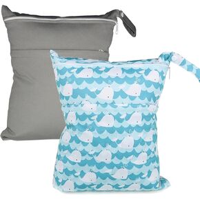 Wet Dry Bags for Baby Cloth Diapers, Waterproof Washable Travel Bags, Beach, Pool, Gym Bag for Swimsuits & Wet Clothes with 2 Zippered Pockets, Travel Daycare Soiled Baby Items Bag (2 Pack)