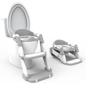 Potty Training Seat with Step Stool Ladder, 3 in 1 Toddler Toilet Seat for Kids, Travel Potties Indoor Outdoor, Foldable Potty Chair with Anti-Slip, Wide Steps and Height Adjustable (Grey)