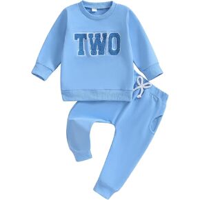 Lamuusaa Toddler Baby Boy Birthday Outfit One/Two Letter Embroidery Sweatshirt Jogger Pants Fall Winter Clothes
