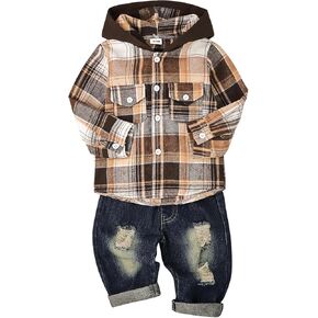 Toddler Baby Boy Fall Winter Clothes Long Sleeve Plaid Hooded Sweatshirt Ripped Holes Jeans Set 1-5 Years Old