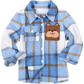 Toddler Baby Boys Girls Flannel Plaid Shirt Button Down Long Sleeve Bear Outerwear Jacket Lapel Shacket Coat Tops