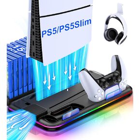 PS5 Cooling Stand for PlayStation 5 Slim/Disc/Digital with RGB Light,PS5 Accessories Dual Controller Charger Station with 3 Levels Cooling Fan, Headset Holder,15 Game Slots