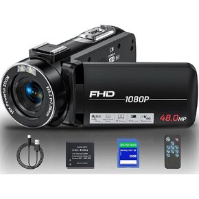Video Camera Camcorder, Full HD 1080P 48MP Camcorder 16X Digital Video Camera for YouTube, 3.0 Inch IPS Screen Vlogging Camera Recorder with Controller, Battery and 32GB Card