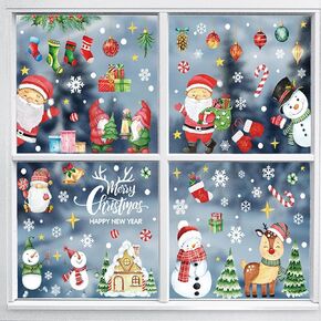 10 Sheets Merry Christmas Window Clings Stickers 177Pcs Double-Side Christmas Window Decorations Santa Claus Deer Snowmen Snowflakes Winter Window Decals for Kids Christmas Holiday Home Decor