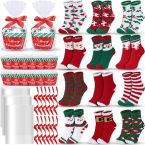 Hercicy 12 Packs Christmas Cupcake Socks Christmas Fuzzy Socks with Cupcake Packaging Christmas Socks Gift for Adult Kids Christmas Party