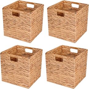 Water Hyacinth Storage Baskets,Woven Bins for Bathroom, Bedroom, Laundry, Pantry, Shelves,Set of 4 Foldable Cube Organizers, 11.2"x11.2"x11.2"