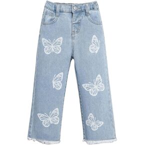 WDIRARA Girls' Butterfly Print Jeans Baggy Denim Pants Elastic Waist Raw Hem Trousers