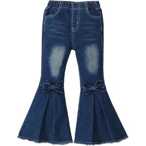 WDIRARA Toddler Girl's High Waisted Bow Front Bell Bottom Jeans Flare Leg Denim Pants Dark Blue 4Y