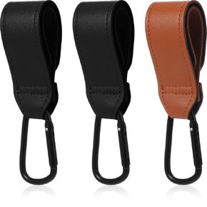 3 Pieces Stroller Hooks, Black and Brown Hanging Multi Functional Stroller Strap with Stroller Clip for Diaper Bag Stroller Accessories for Strollers, Wheelchairs, Shopping Carts