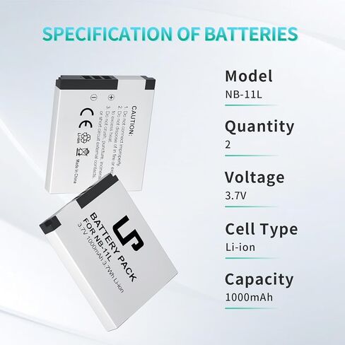 LP NB-11L Battery, 2-Pack 1000mAh Battery Compatible with Canon PowerShot A2300 is, A2400 is, A2500, A2600, A3400 is, A3500 is, A4000 is, ELPH 110 HS, ELPH 130 HS, ELPH 135 is, ELPH 140 is and More in Kuwait
